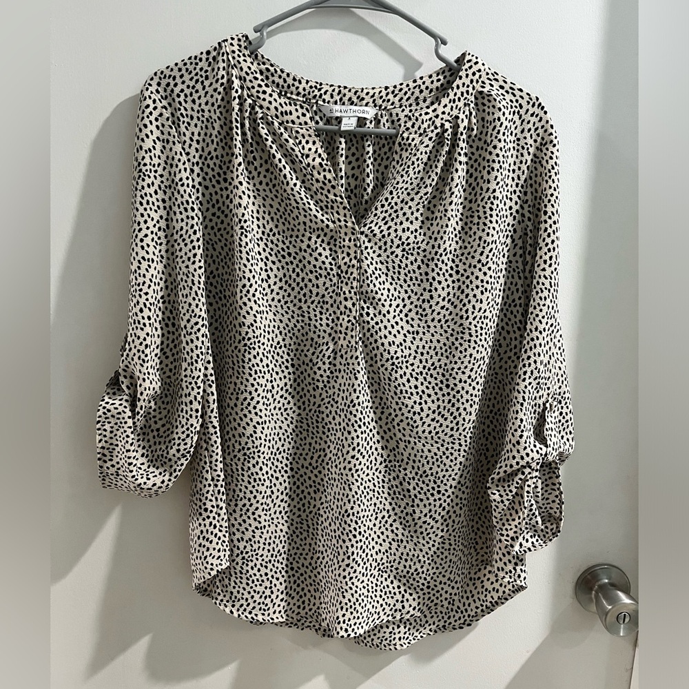 41 Hawthorn Cream Blouse with Black Dot Print and Roll-Tab Sleeves, size small